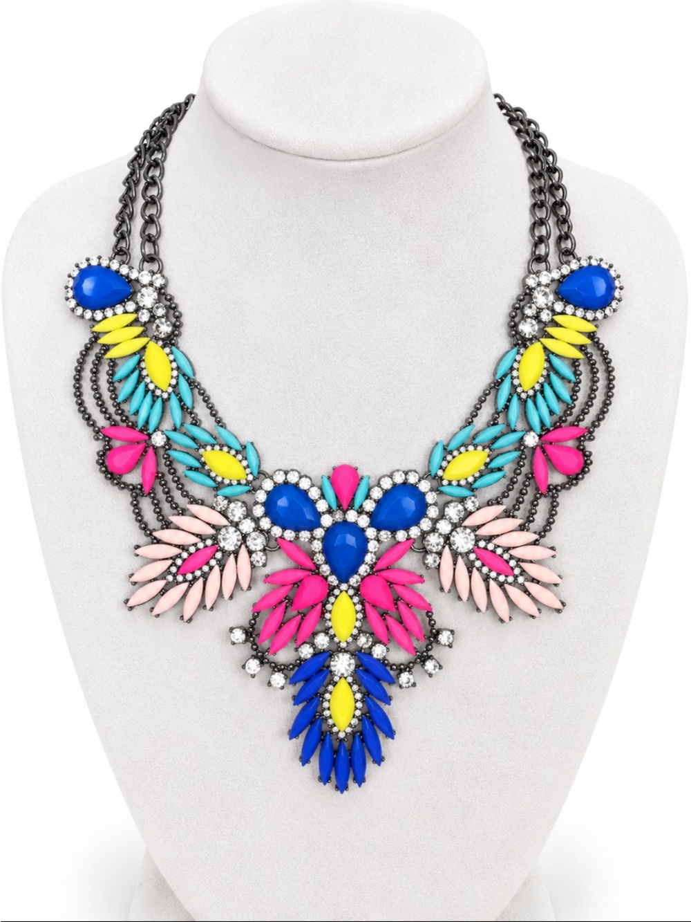 Multicolor Rhinestone Statement Bib Necklace – Pink Blue Turquoise Yellow